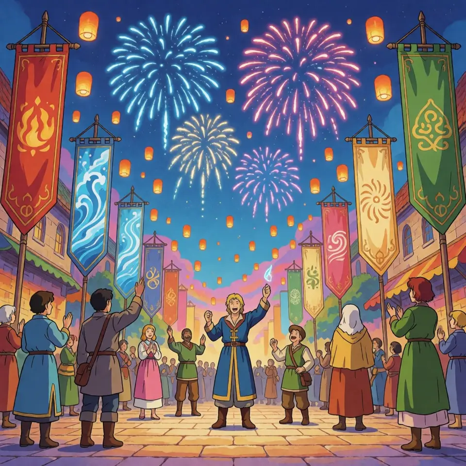 사원소 축제 광장의 풍경 — AI-generated artwork