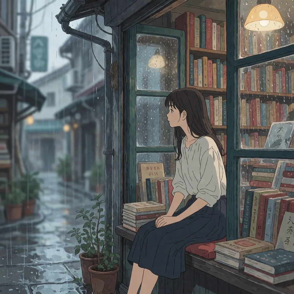 비 오는 날의 책방 창 — AI-generated artwork